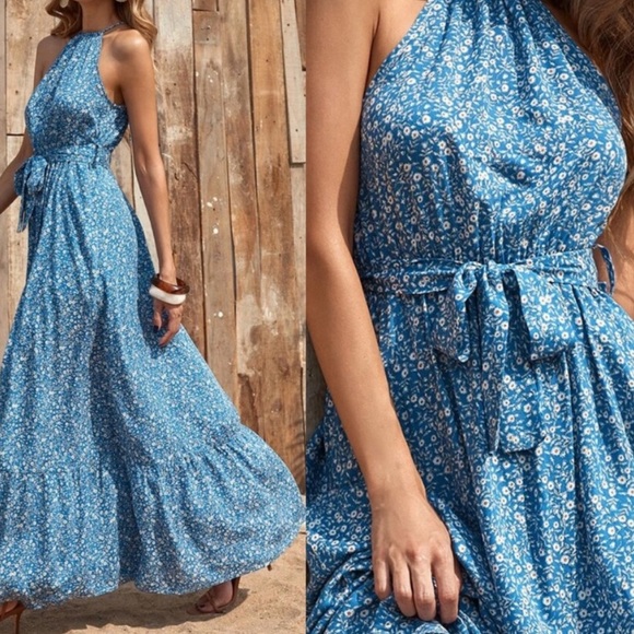 Boho floral print belted halter maxi dress - Picture 3 of 5